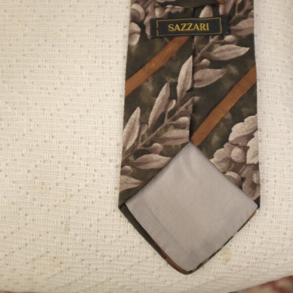 Sazzari green tie with white floral handmade in Italy 100% silk - Picture 3 of 4